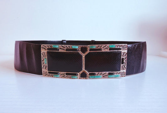 Vintage Judith Leiber Embelished Wide Black Reptile Belt