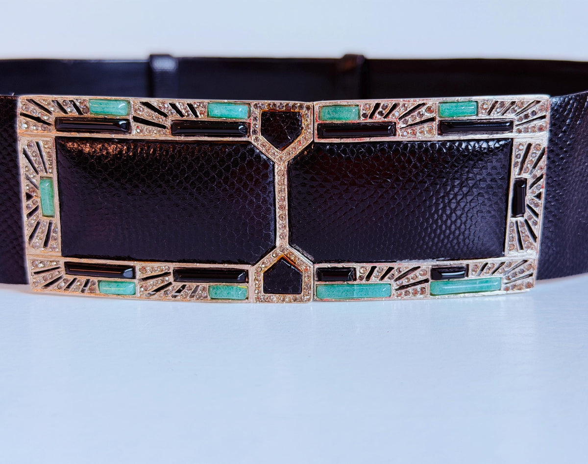 Vintage Judith Leiber Embelished Wide Black Reptile Belt