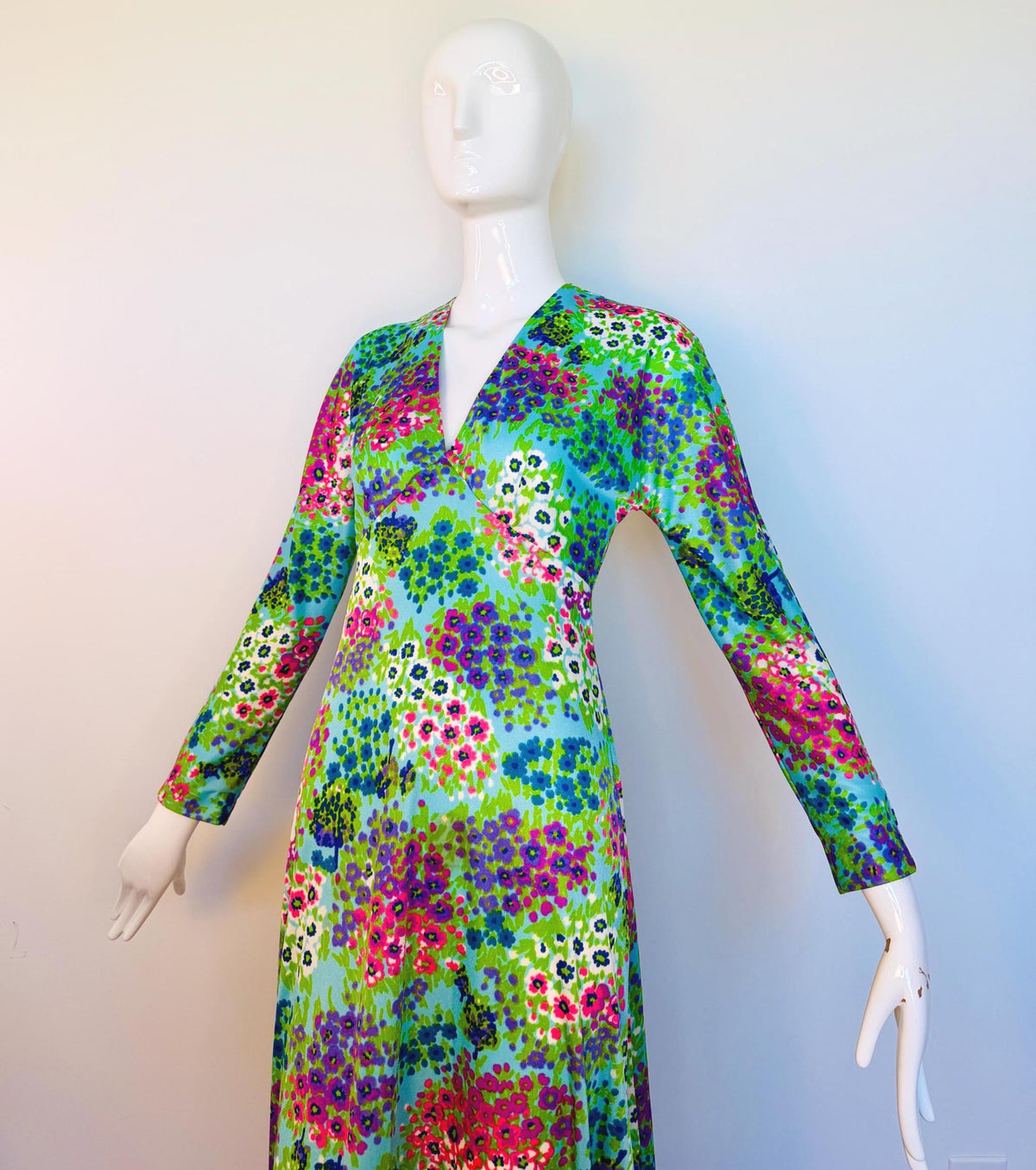 70s Anne Fogarty Bright Floral Print Maxi Dress