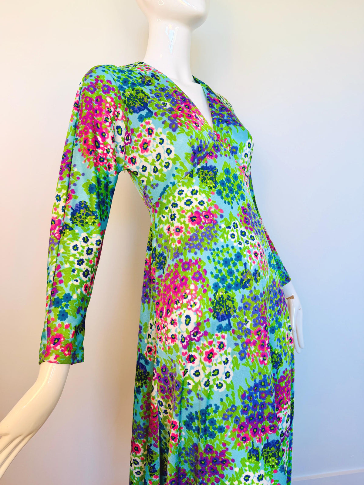 70s Anne Fogarty Bright Floral Print Maxi Dress
