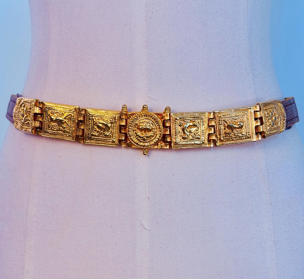 Vintage Disco Era Alexis Kirk Gold Plated Skinny Reptile Belt