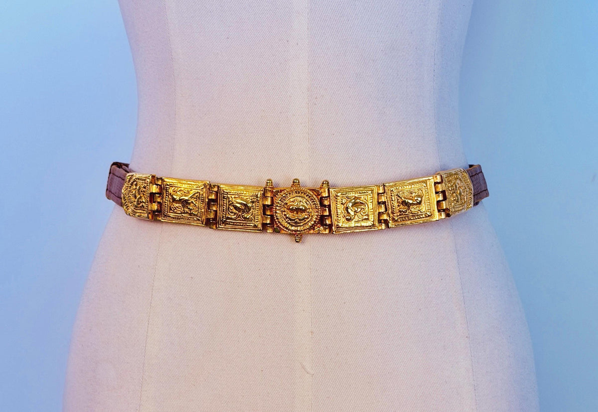 Vintage Disco Era Alexis Kirk Gold Plated Skinny Reptile Belt