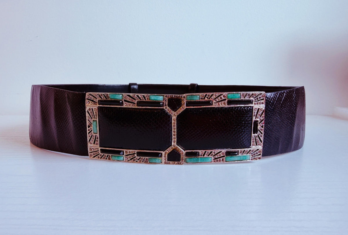 Vintage Judith Leiber Embelished Wide Black Reptile Belt
