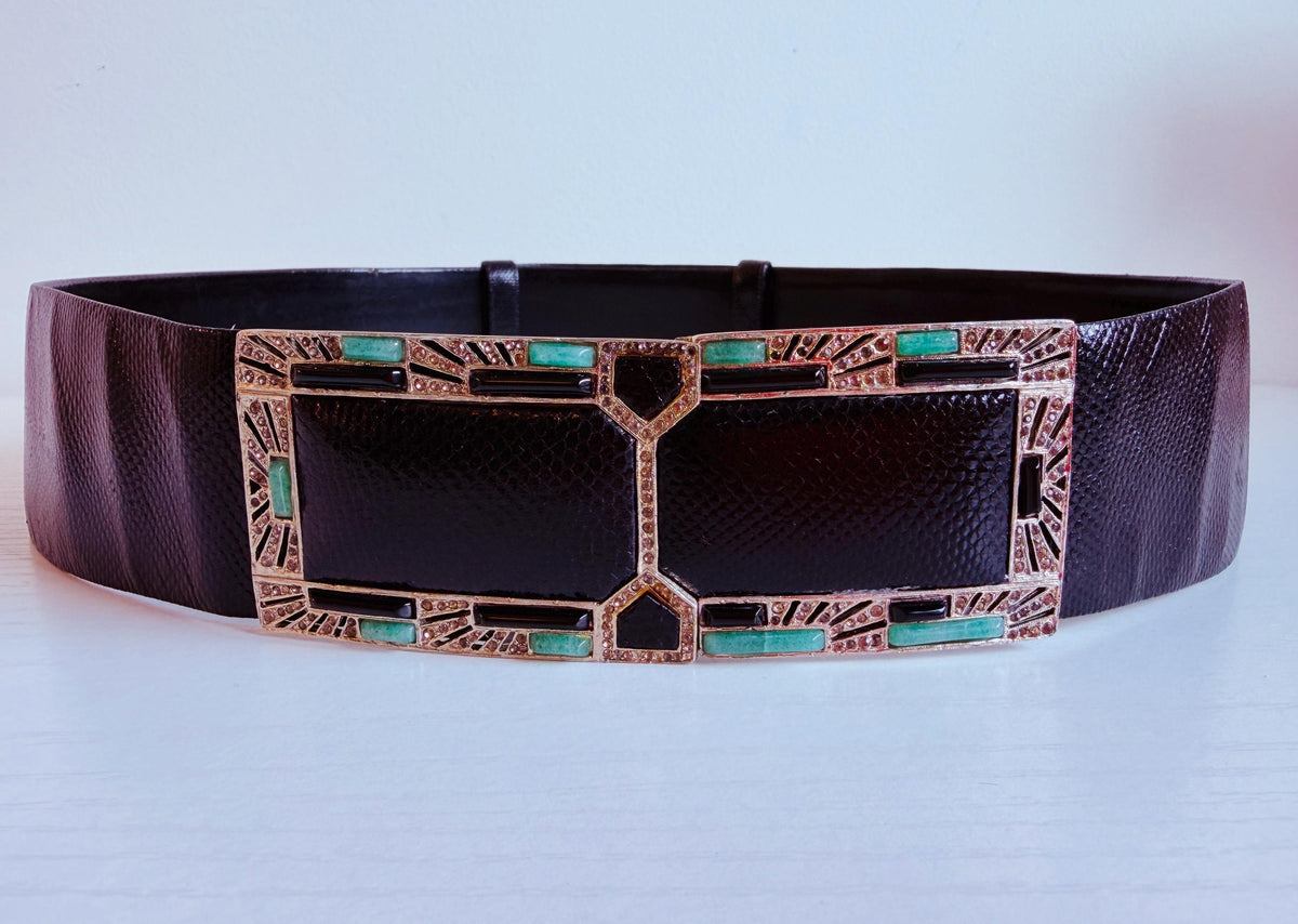 Vintage Judith Leiber Embelished Wide Black Reptile Belt