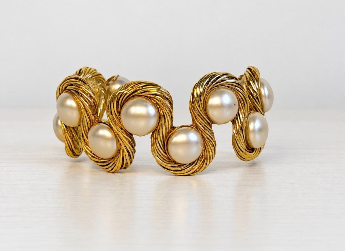 Vintage 1994 CHANEL Karl Lagerfeld Era Faux Pearl Gold Logo Cuff