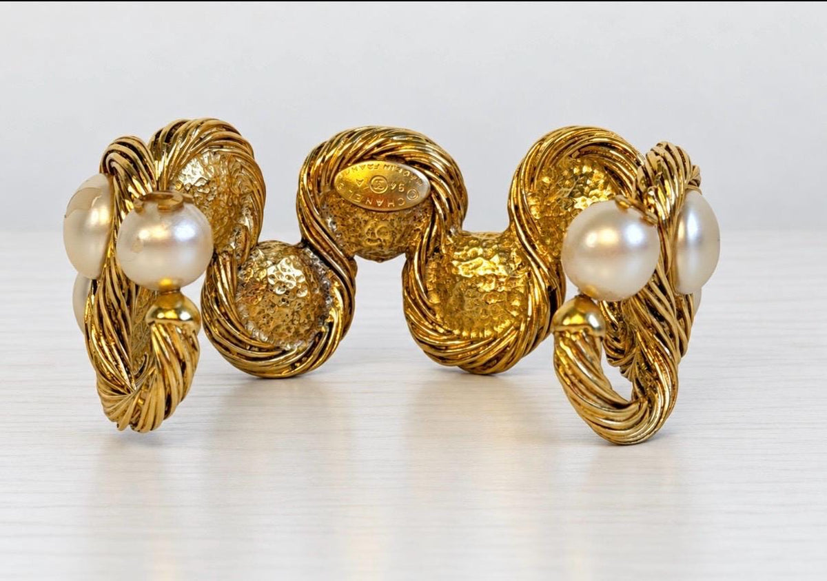 Vintage 1994 CHANEL Karl Lagerfeld Era Faux Pearl Gold Logo Cuff