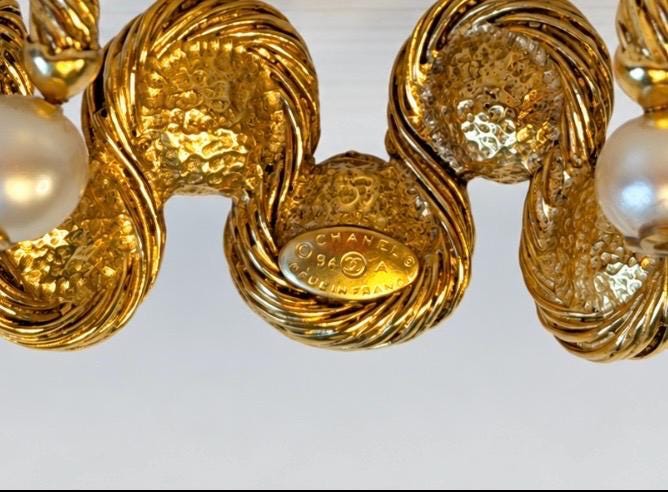 Vintage 1994 CHANEL Karl Lagerfeld Era Faux Pearl Gold Logo Cuff