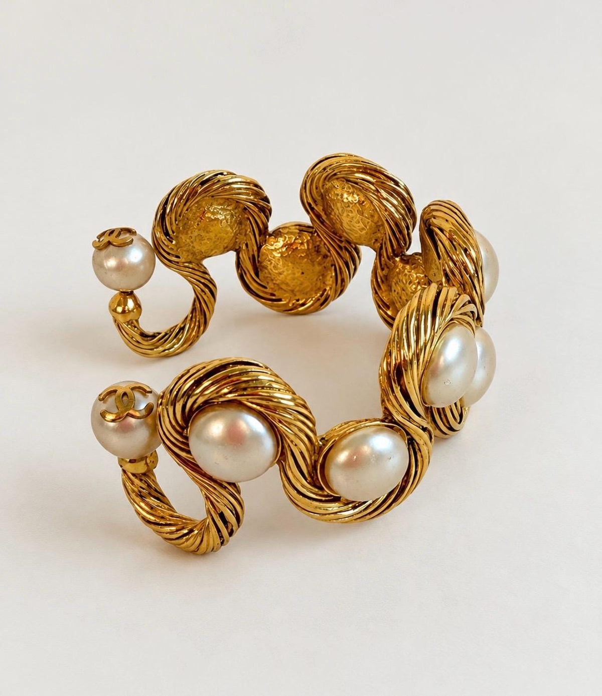 Vintage 1994 CHANEL Karl Lagerfeld Era Faux Pearl Gold Logo Cuff