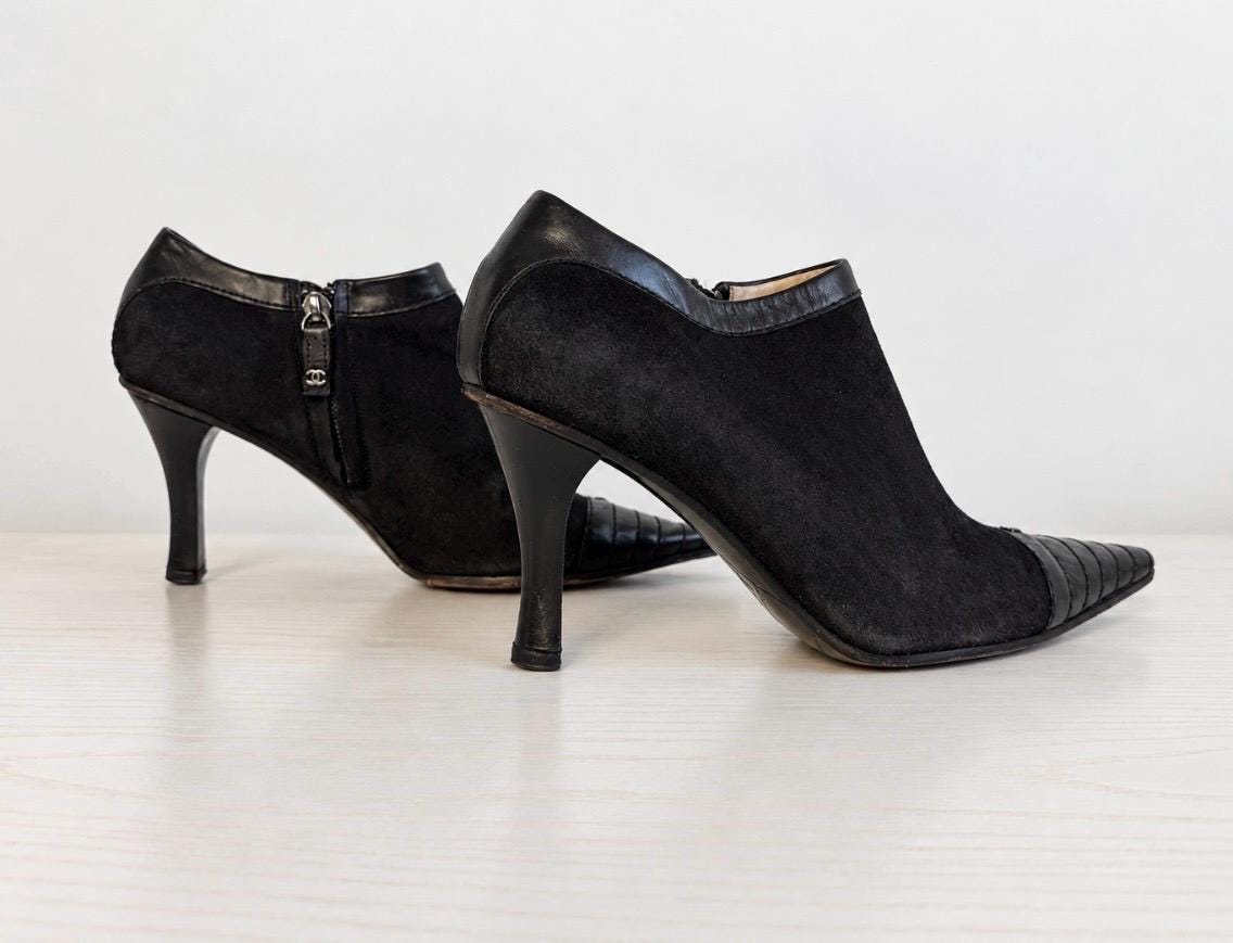 Authentic 90s CHANEL Suede and Leather Pointed Toe Ankle Boot