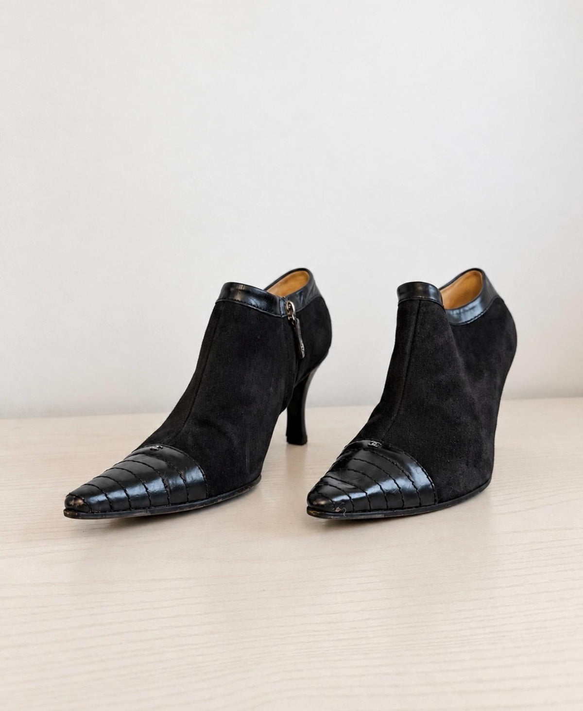 Authentic 90s CHANEL Suede and Leather Pointed Toe Ankle Boot