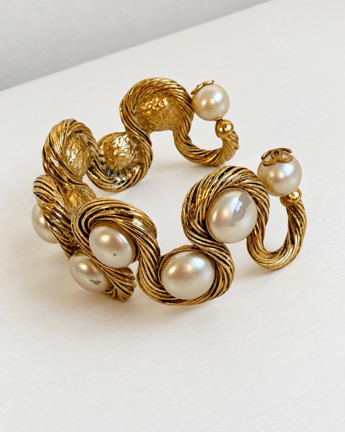 Vintage 1994 CHANEL Karl Lagerfeld Era Faux Pearl Gold Logo Cuff