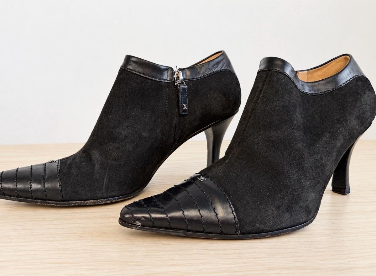 Authentic 90s CHANEL Suede and Leather Pointed Toe Ankle Boot