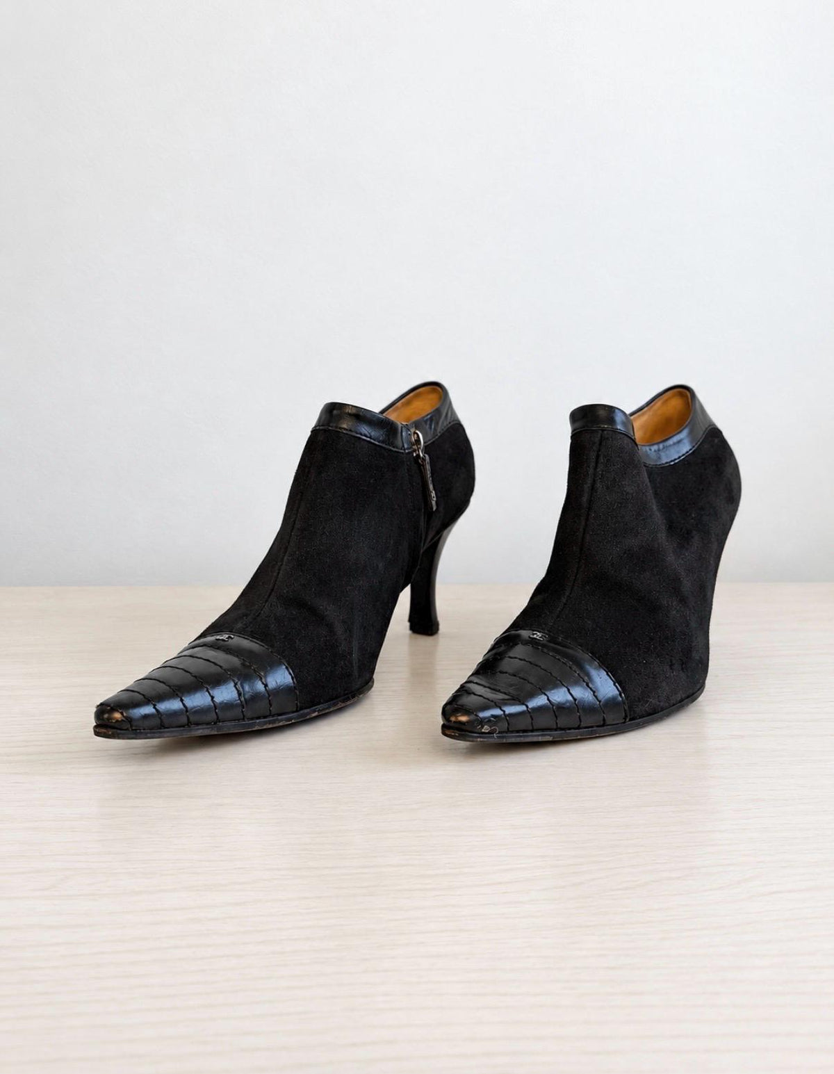 Authentic 90s CHANEL Suede and Leather Pointed Toe Ankle Boot