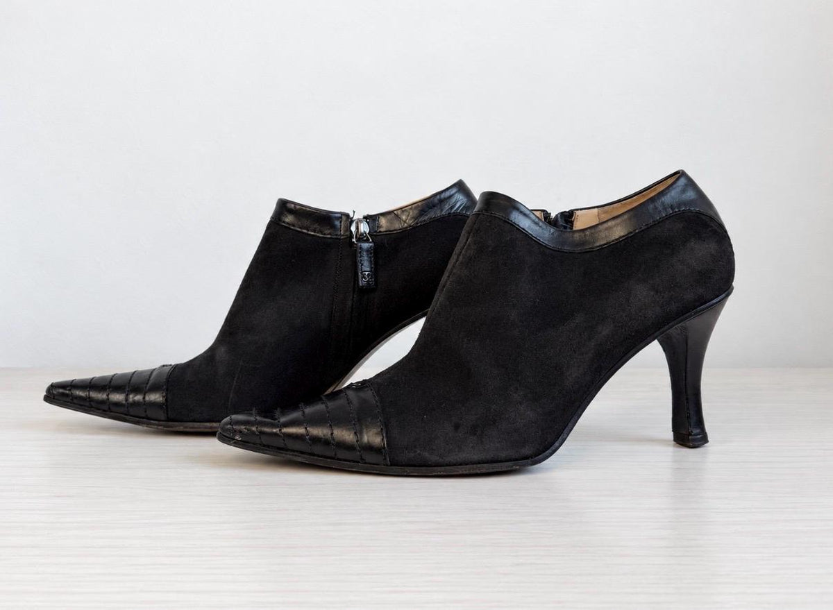 Authentic 90s CHANEL Suede and Leather Pointed Toe Ankle Boot