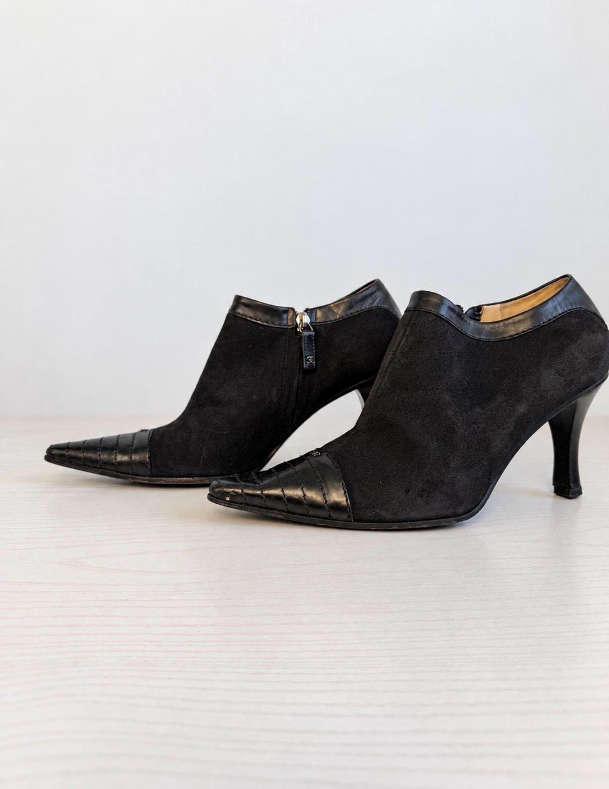 Authentic 90s CHANEL Suede and Leather Pointed Toe Ankle Boot
