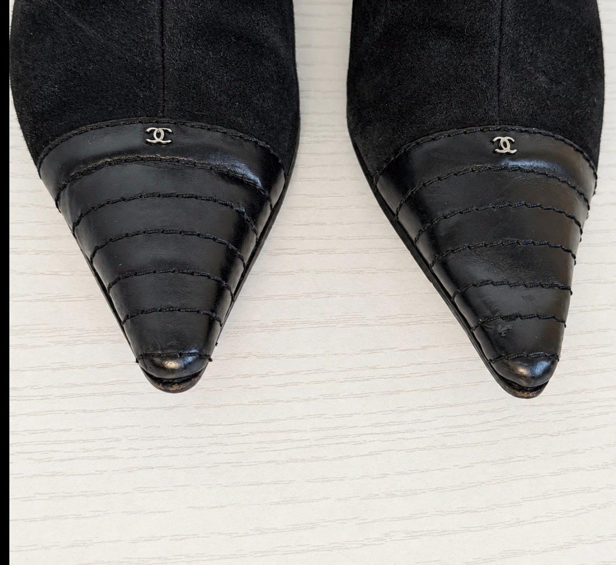 Authentic 90s CHANEL Suede and Leather Pointed Toe Ankle Boot