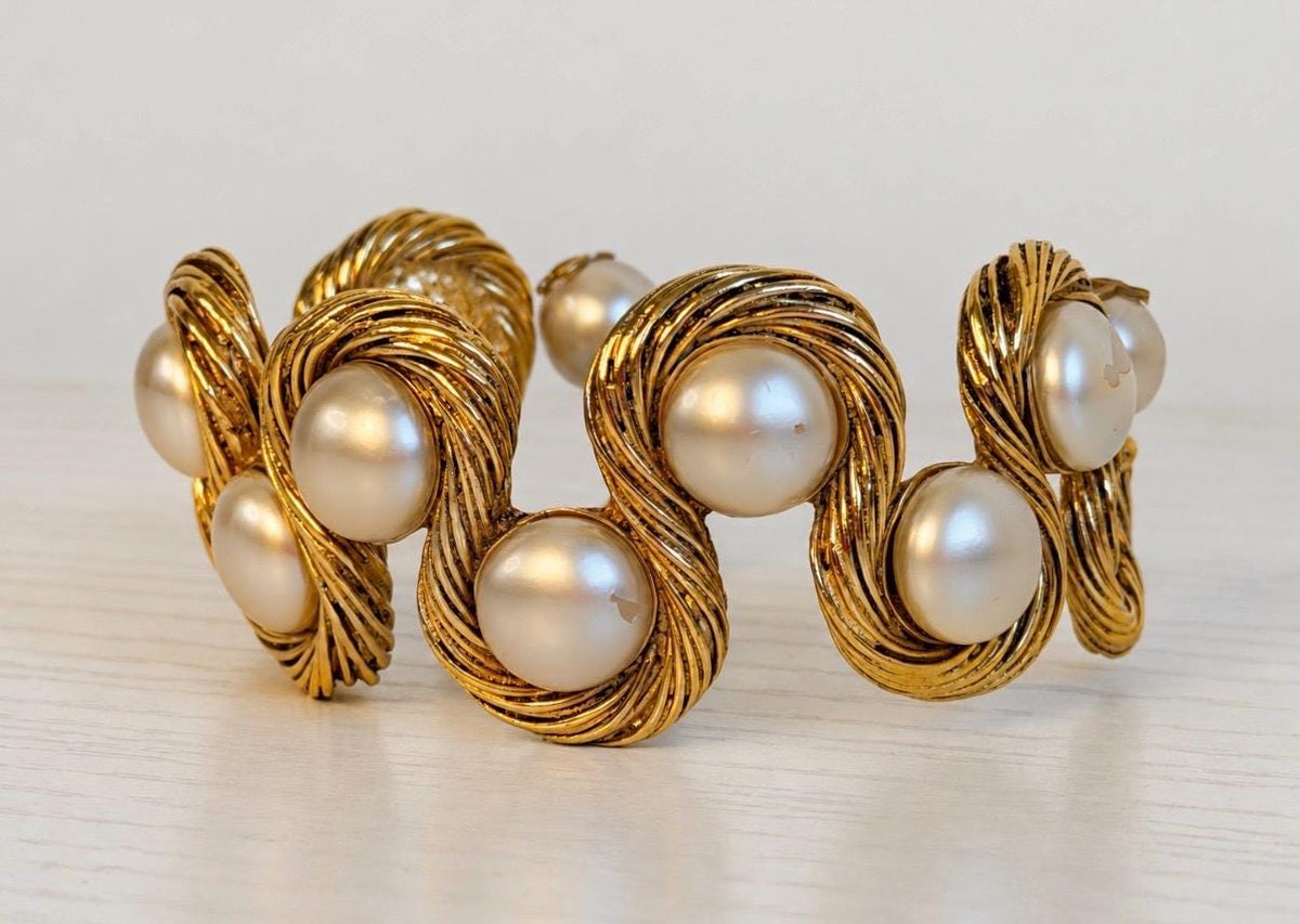 Vintage 1994 CHANEL Karl Lagerfeld Era Faux Pearl Gold Logo Cuff