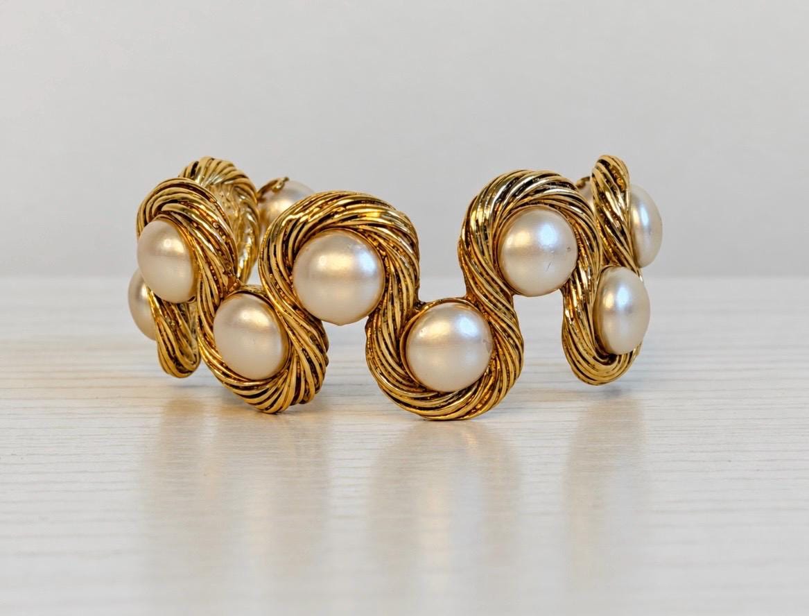 Vintage 1994 CHANEL Karl Lagerfeld Era Faux Pearl Gold Logo Cuff