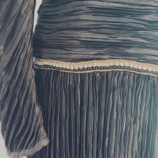 80s Mary McFadden Couture Puffy Shoulders Embelished Plisse Gown