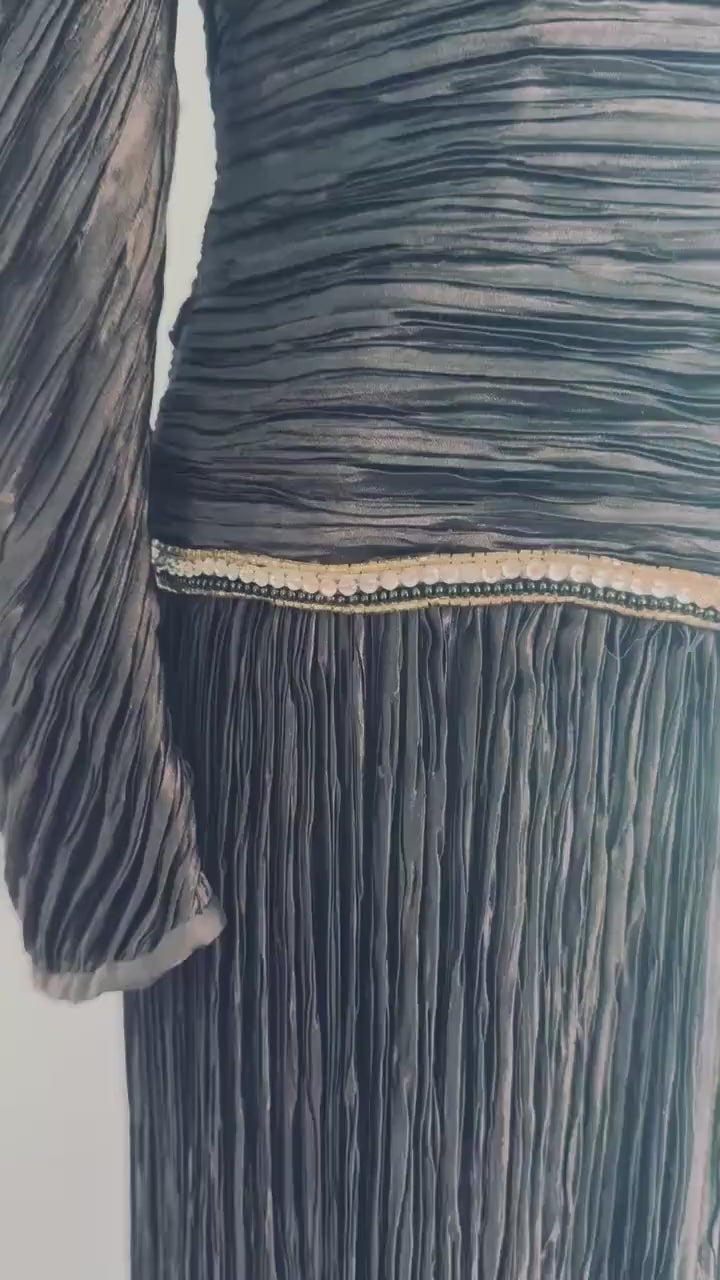 80s Mary McFadden Couture Puffy Shoulders Embelished Plisse Gown