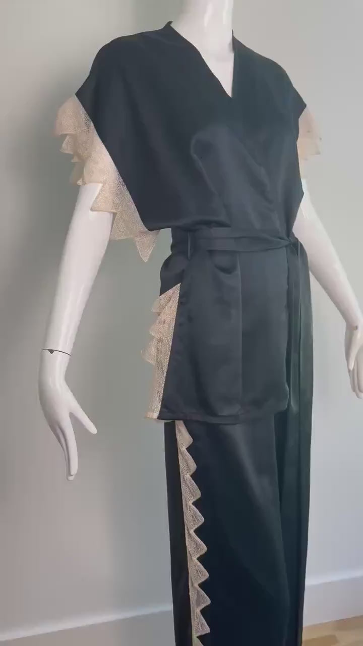 Zandra Rhodes Satin and Lace Kimono Pant Set