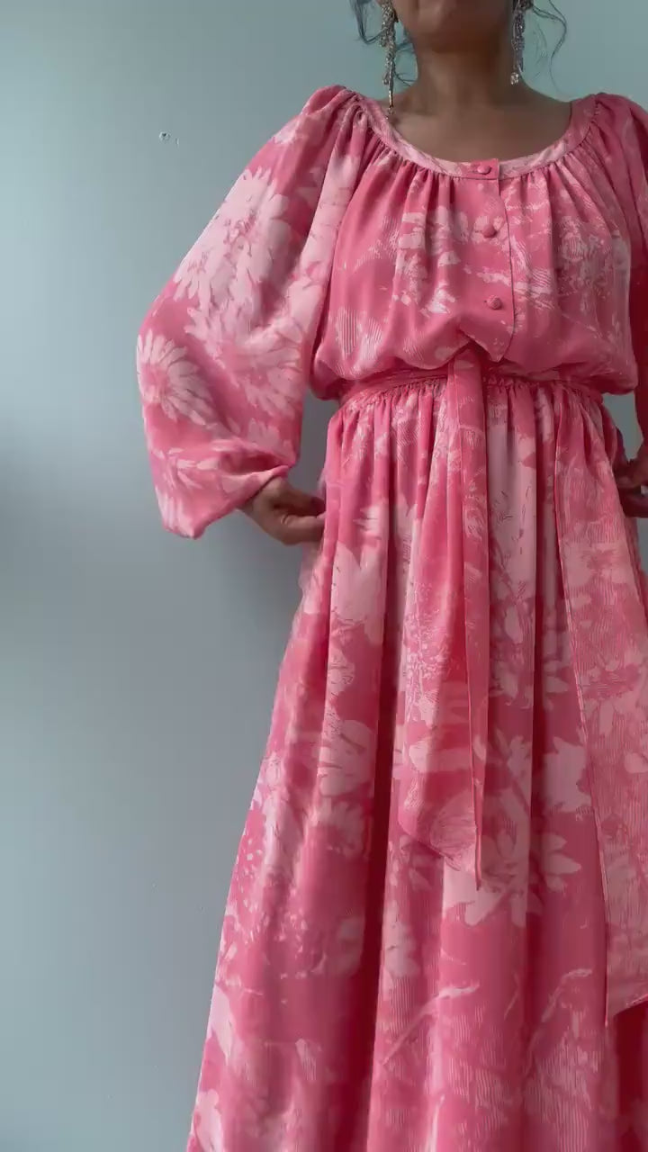 Vintage Hanae Mori Pink Floral Boho Maxi Dress