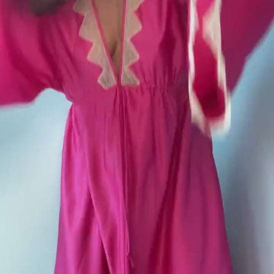 Zandra RHODES 70s Magenta Satin Lace Trimmed Maxi Dress Gown