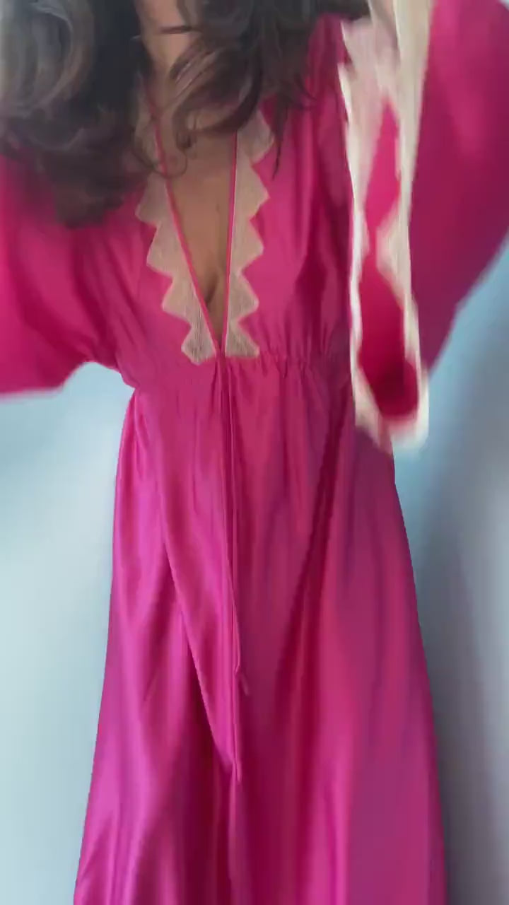 Zandra RHODES 70s Magenta Satin Lace Trimmed Maxi Dress Gown