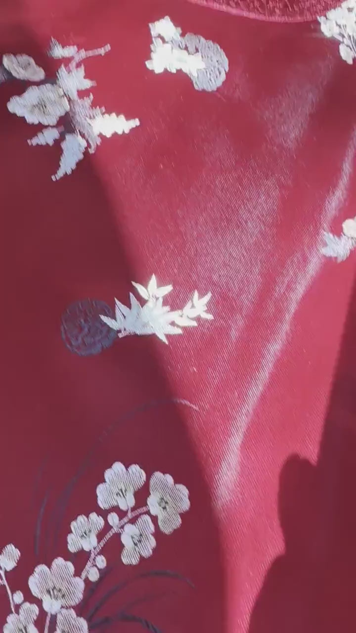 Antique 1940s Ruby Red Silk Chinoiserie Duster