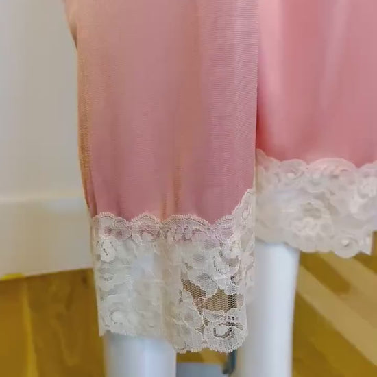60s Boho Peachy Pink Nylon Lace Off the Shoulder Loungewear PJs