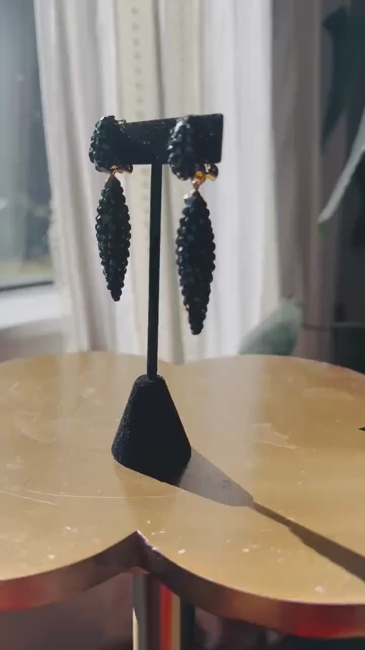 70s Richard Kerr Black Crystal Rhinestone Pave Statement Earrings