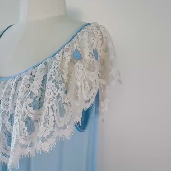 70s Lucie Ann Blue Nylon and Lace Sweeping Negligee