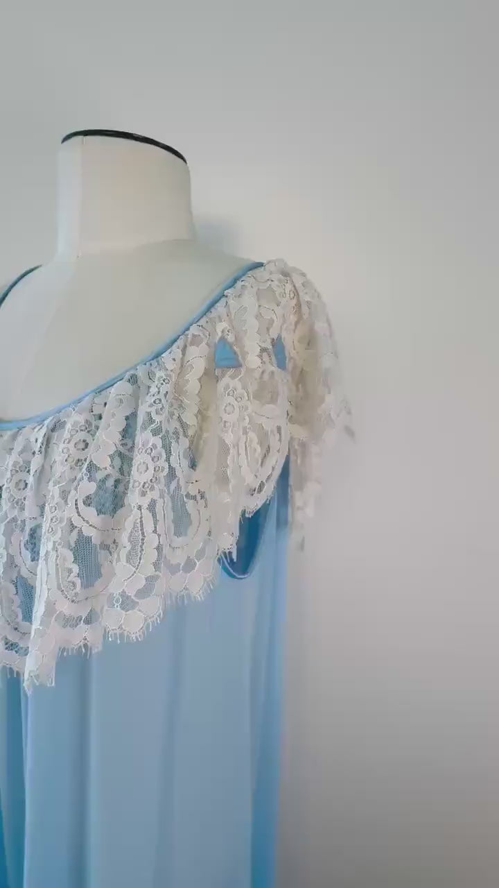 70s Lucie Ann Blue Nylon and Lace Sweeping Negligee