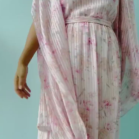 Vintage Hanae Mori Pink Rose Chiffon Maxi Dress: Kimono Sleeves
