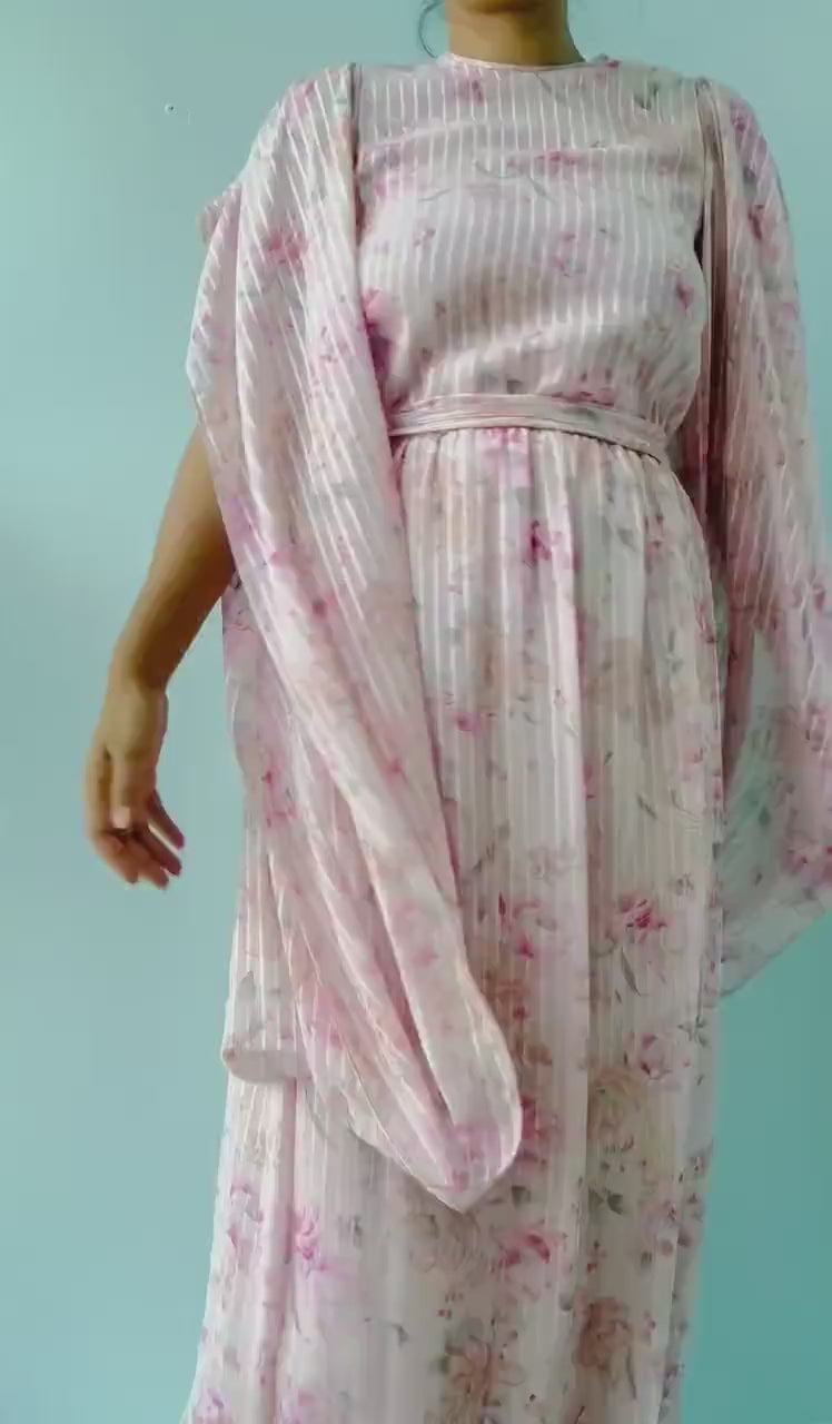 Vintage Hanae Mori Pink Rose Chiffon Maxi Dress: Kimono Sleeves