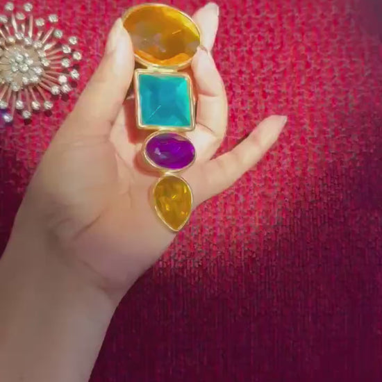 BEN AMUN Signed Massive Gold Plated Multi Color Brooch