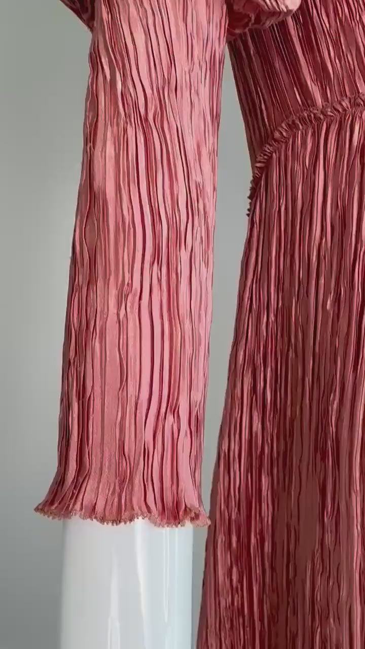 1970s Mary McFadden Couture Plisse Pink Juliet Sleeves Dress