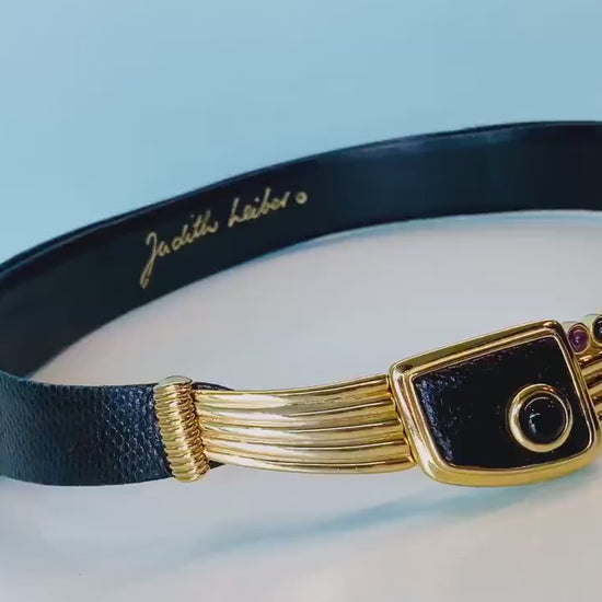 Judith Leiber Black Lizard Multi Stone Gold Plated Cabochon Buckle Adjustable Belt