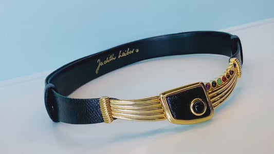 Judith Leiber Black Lizard Multi Stone Gold Plated Cabochon Buckle Adjustable Belt