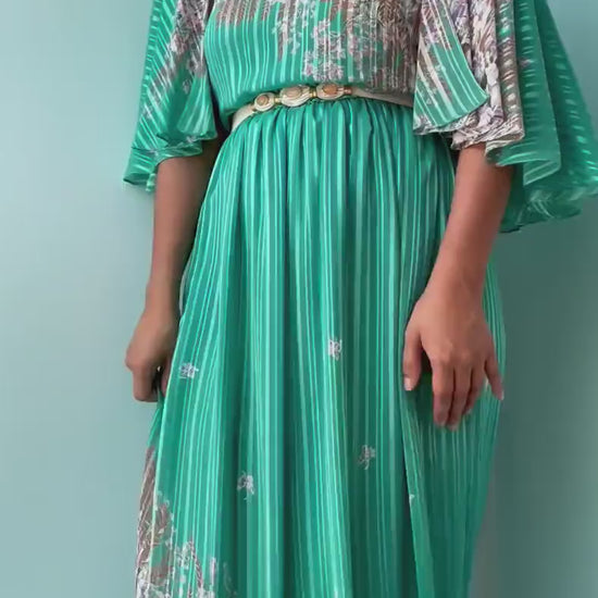 Vintage Hanae Mori Green Floral Print Ruffled Sleeves Maxi Dress