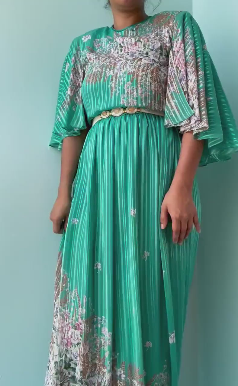 Vintage Hanae Mori Green Floral Print Ruffled Sleeves Maxi Dress