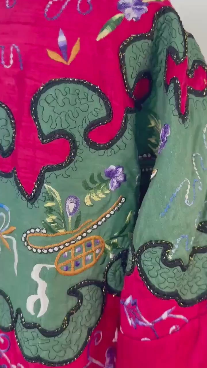 Rare Judith Ann Exclusive Raw Silk Embroidered Colorful Patchwork Kantha Jacket Made in India