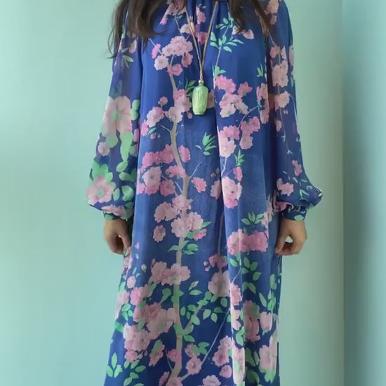 Vintage 70s Hanae Mori Floral Print Chiffon Maxi Bishop Sleeves Dress