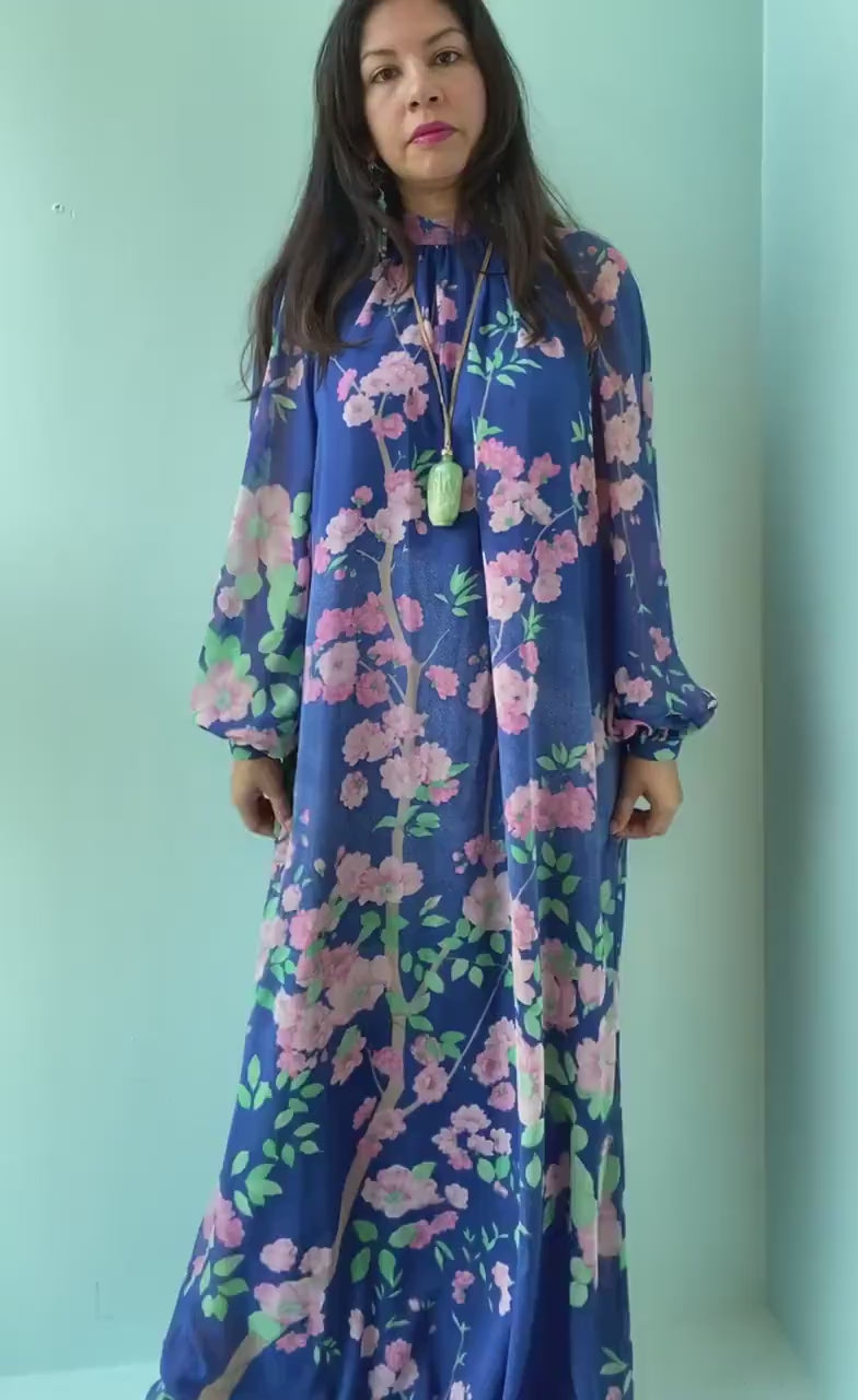 Vintage 70s Hanae Mori Floral Print Chiffon Maxi Bishop Sleeves Dress