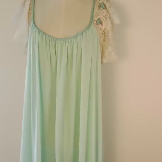 70s Lucie Ann Nylon and Lace Sweeping Green Maxi Negligee