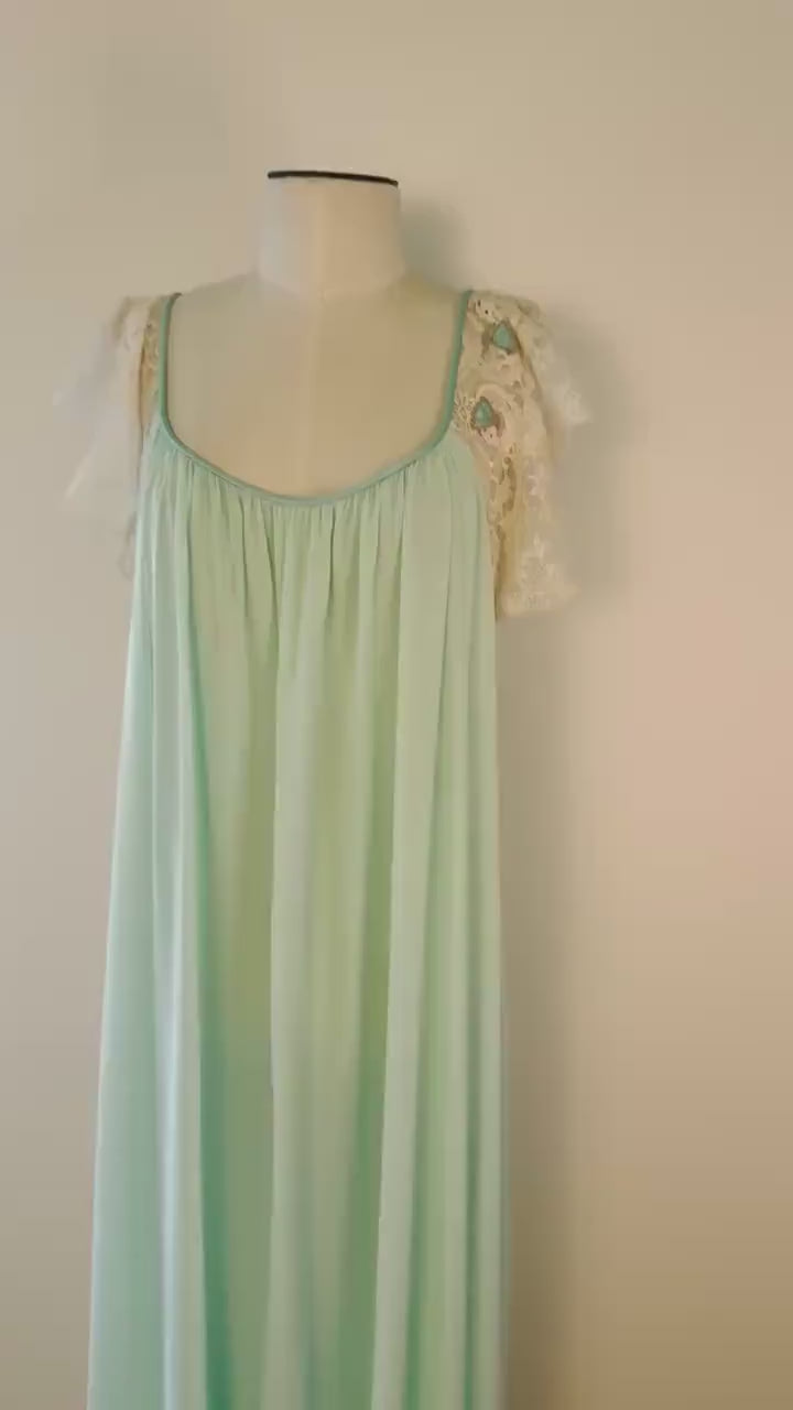 70s Lucie Ann Nylon and Lace Sweeping Green Maxi Negligee
