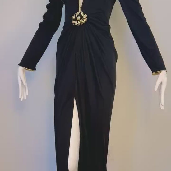 Disco Era Bill Tice Plunging Black and Gold Gown