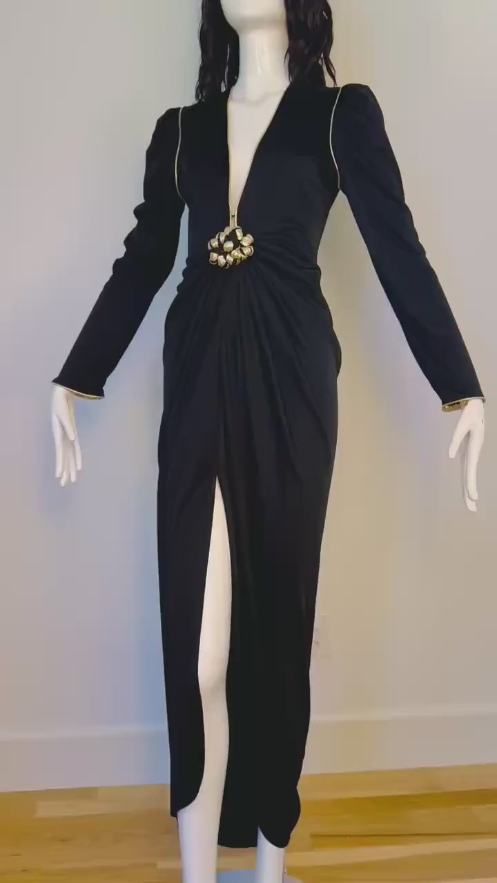 Disco Era Bill Tice Plunging Black and Gold Gown