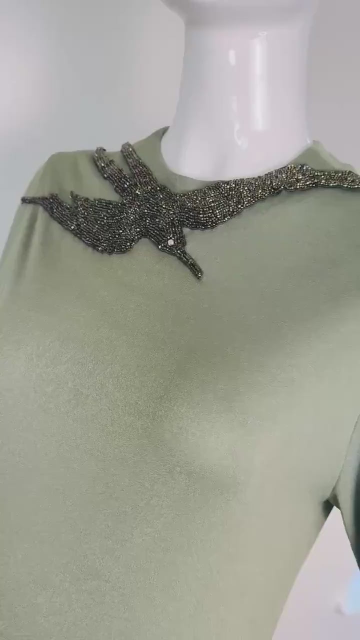 70s John Anthony Silk Jersey Hand Beaded Surrealist Bird Gown