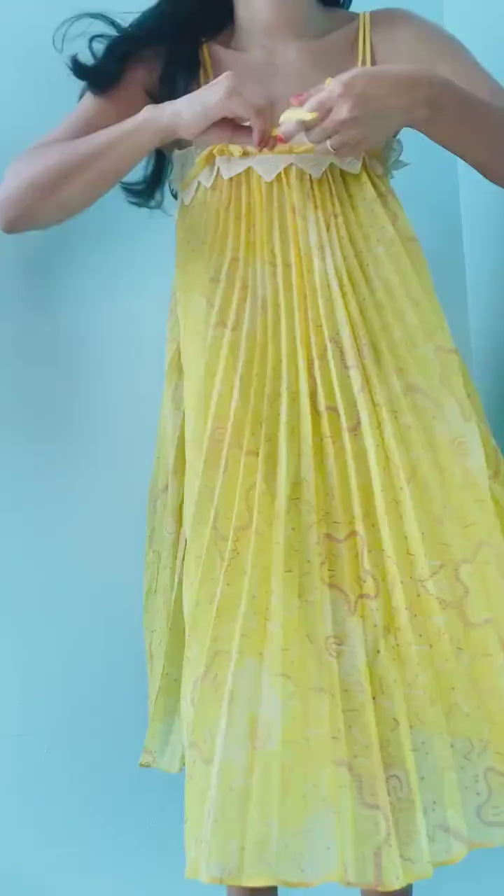 70s Zandra RHODES Yellow Pleated Lace Trimmed Tent Slip Dress